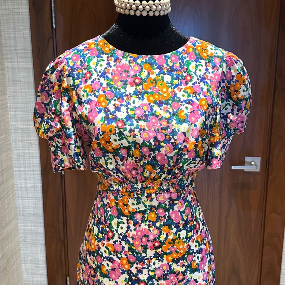 SALONI Pink and Red Puff Sleeve Midi Dress - Picture 6 of 10
